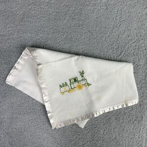 Vintage Handmade Satin Trim Woven Acrylic Train Blanket Green Yellow Embroidered